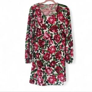 Tacera Red and Green Floral Long Sleeve Dress
